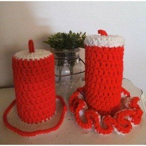 Vintage Crochet Christmas Candle set ~ Red and White ~ Handmade Cottagecore